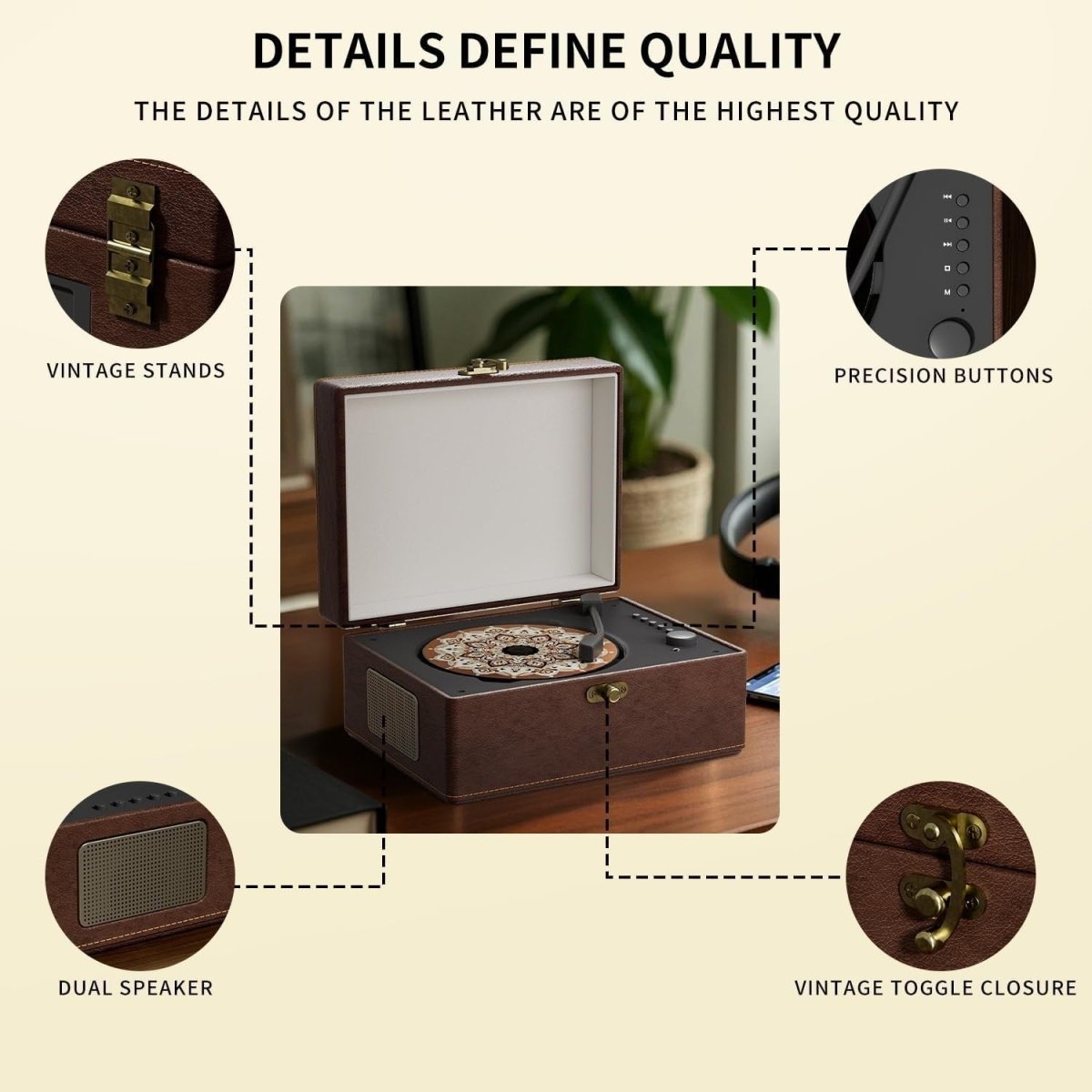 Vintage Style Portable Bluetooth CD Player Leather Look Retro Brown - Kwikley