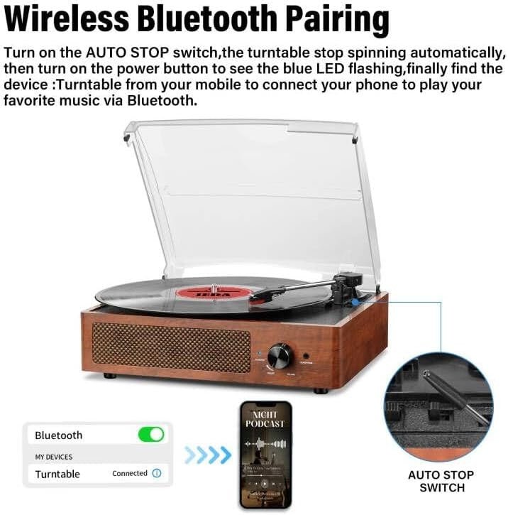 Vinyl Record Player Bluetooth 3 Speed Portable Turntable Orange - Kwikley