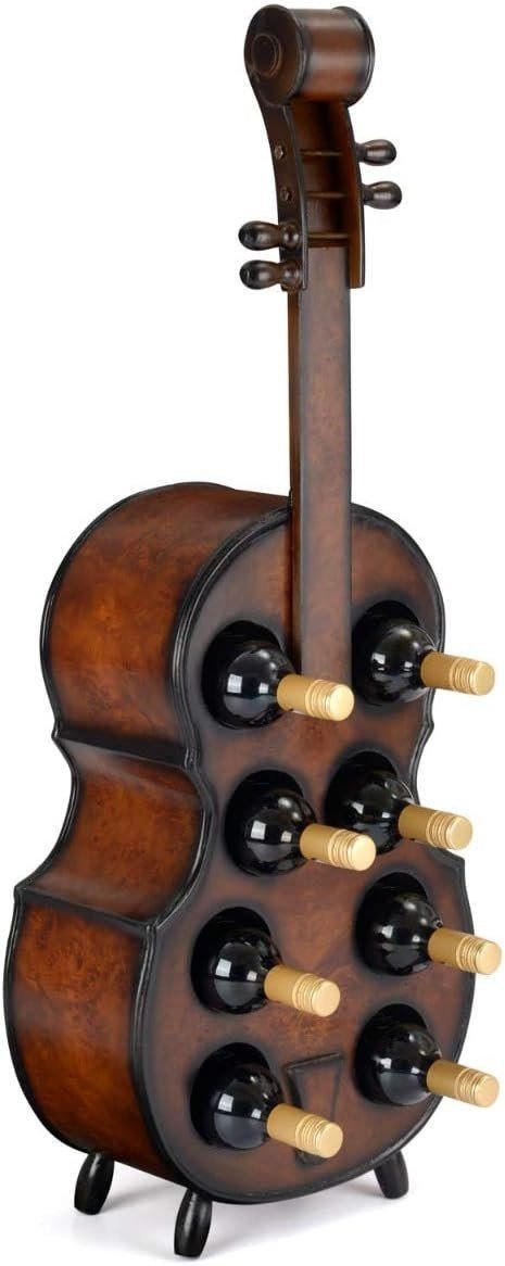 Violin Cello Wine Rack 8 Bottle Holder Free Standing Decorative Oak Style - Kwikley