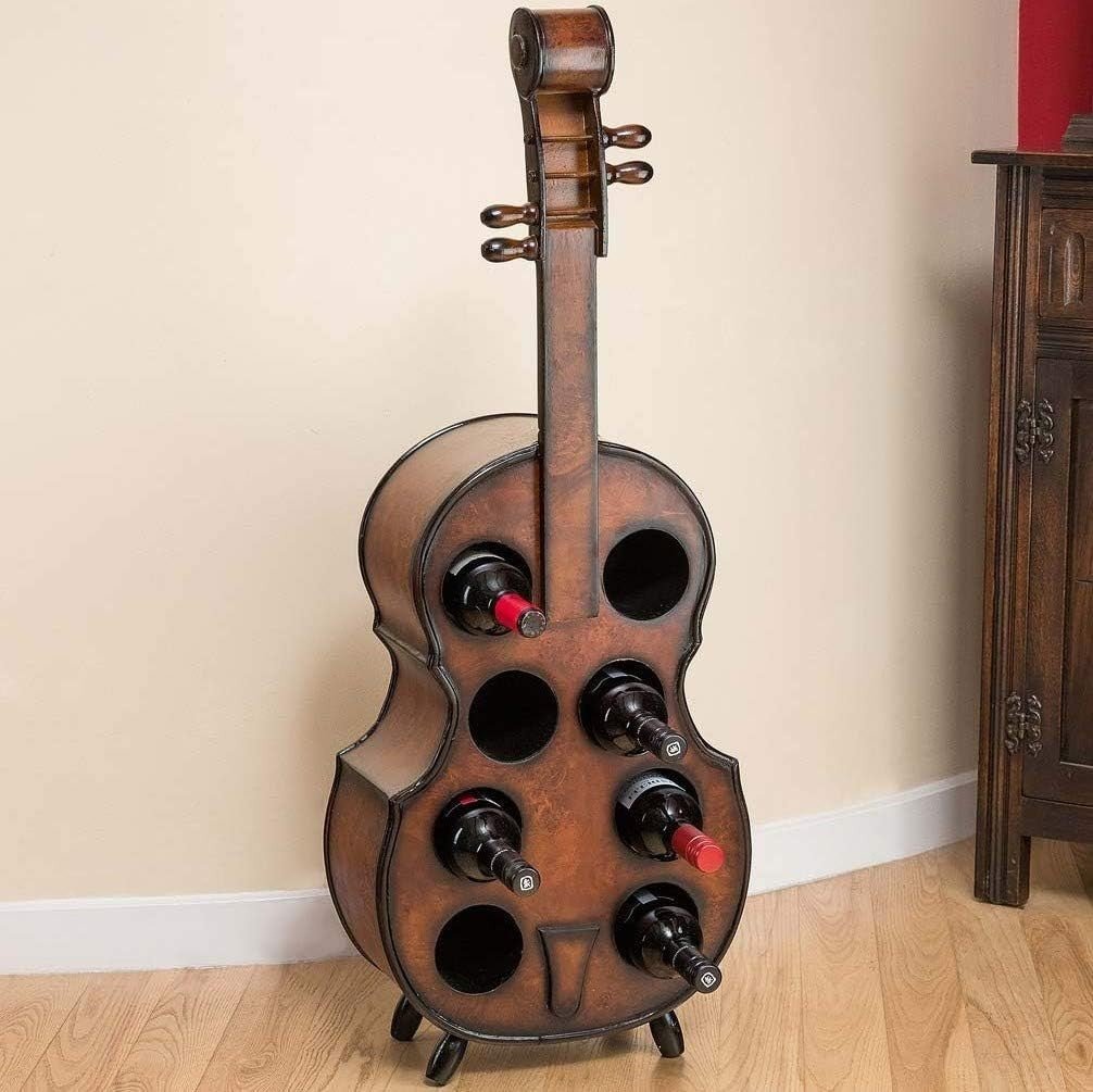 Violin Cello Wine Rack 8 Bottle Holder Free Standing Decorative Oak Style - Kwikley