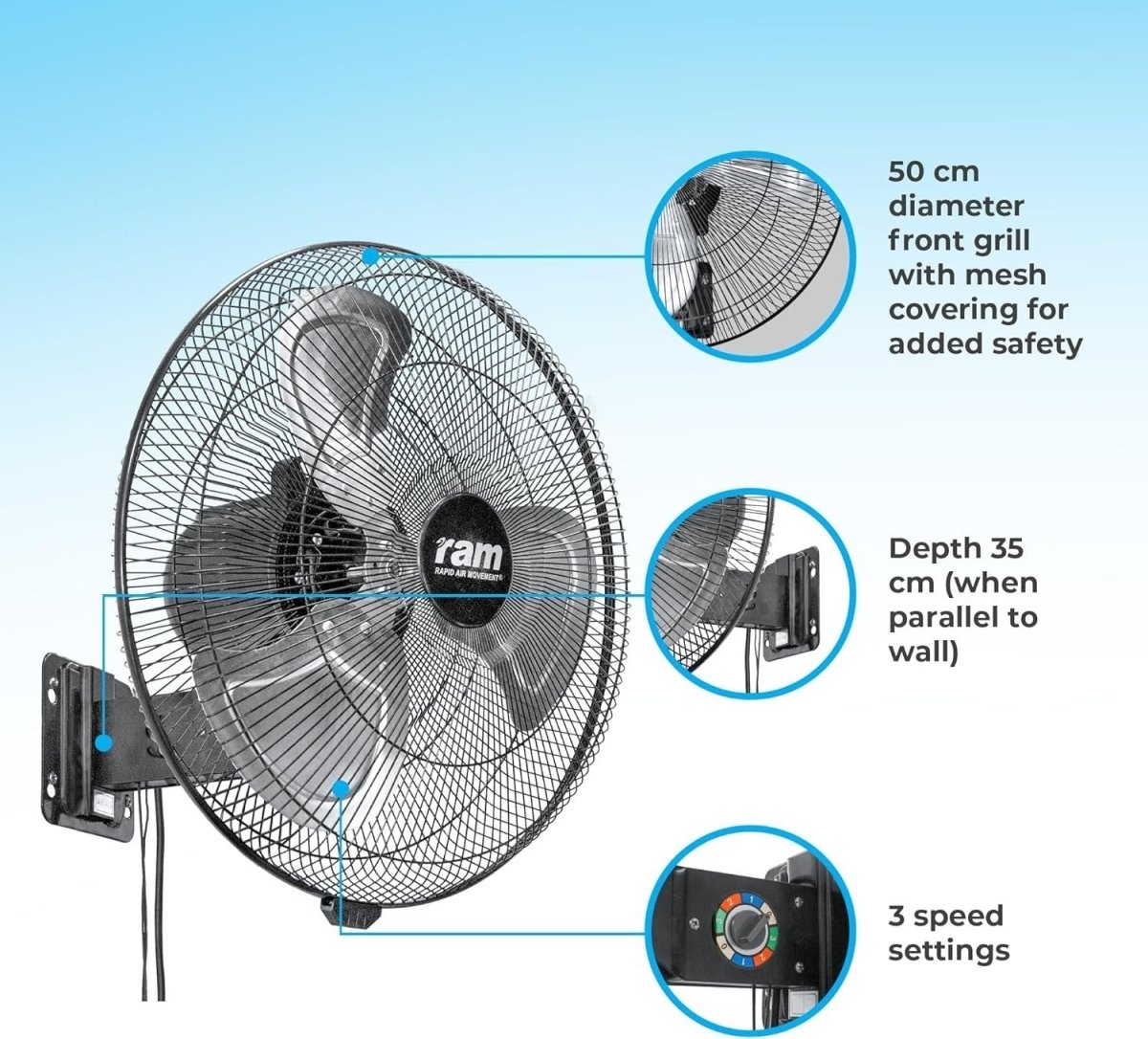Wall Fan 18 Inch 3 - Speed Heavy Duty Oscillating Air Circulator Pull Cord Cooling - Kwikley