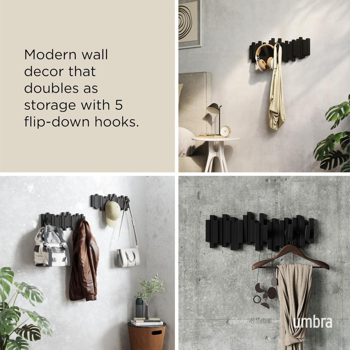Wall Mounted Coat Rack Rail 5 Retractable Hooks Black Saving Storage - Kwikley