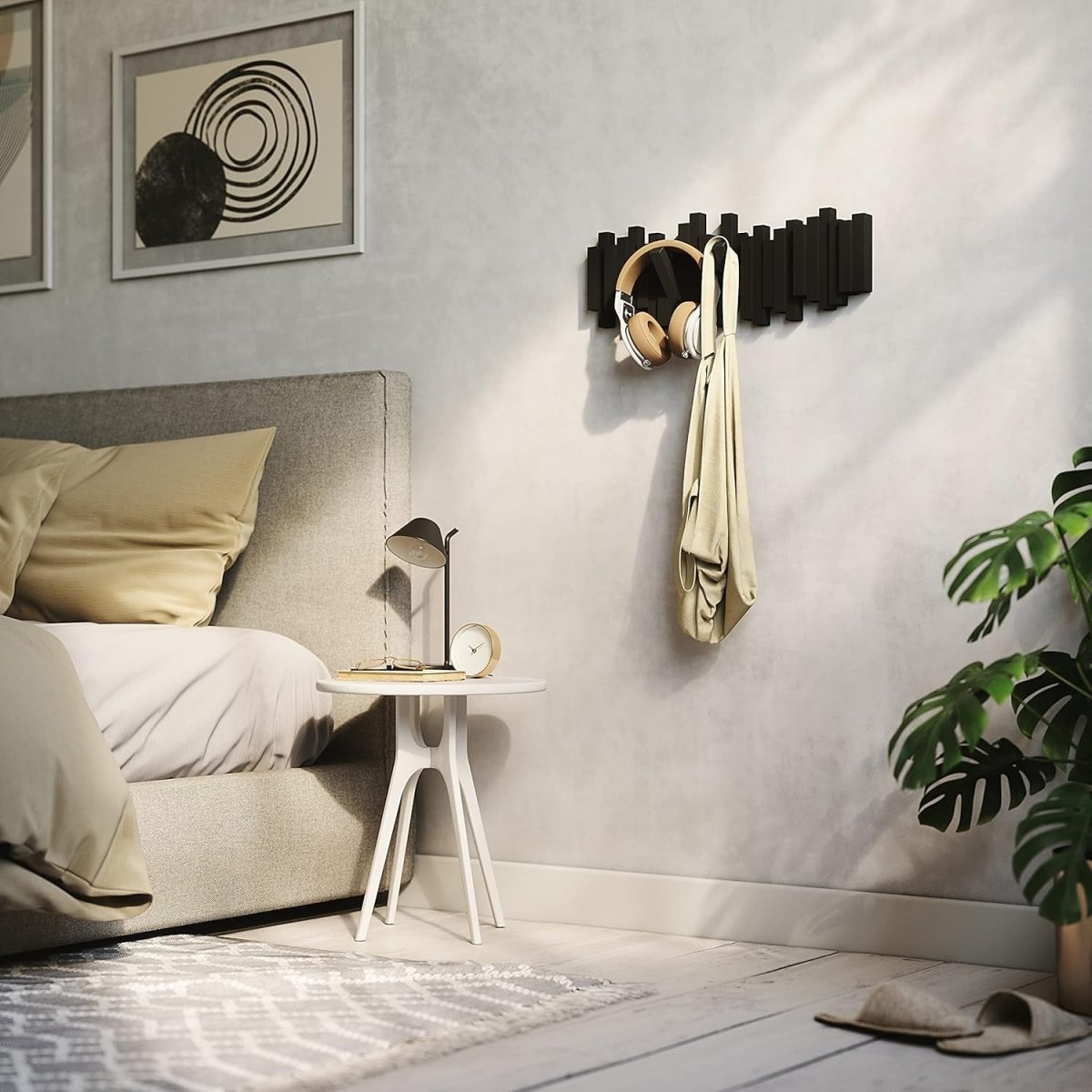 Wall Mounted Coat Rack Rail 5 Retractable Hooks Black Saving Storage - Kwikley