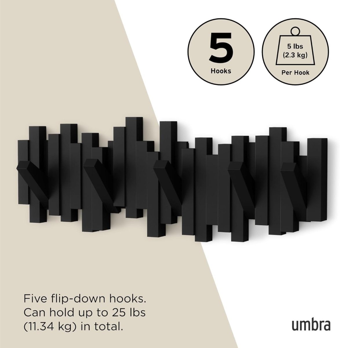 Wall Mounted Coat Rack Rail 5 Retractable Hooks Black Saving Storage - Kwikley