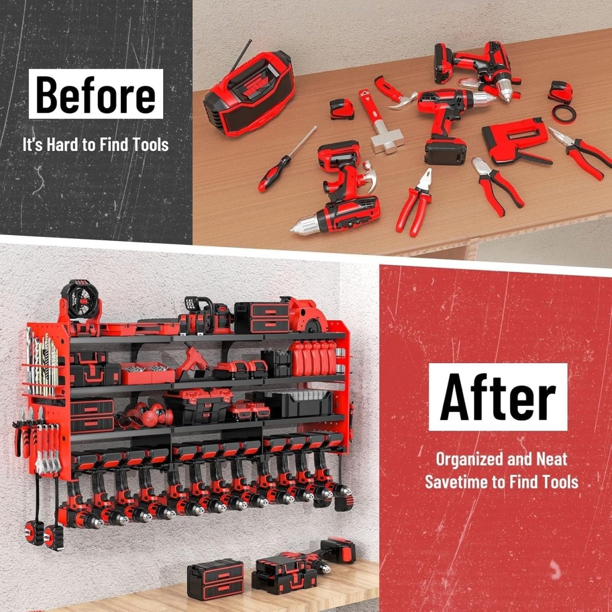 Wall - Mounted Power Tool Rack 4 - Tier 12 Drill Adjustable Compartment Red - Kwikley
