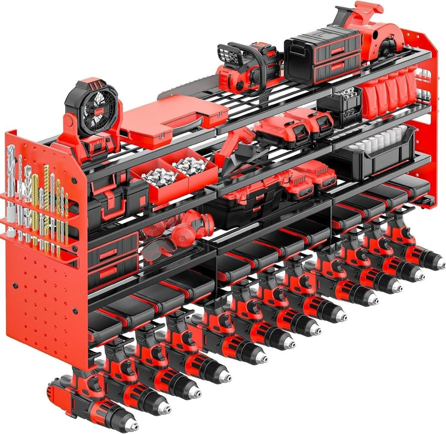 Wall - Mounted Power Tool Rack 4 - Tier 12 Drill Adjustable Compartment Red - Kwikley