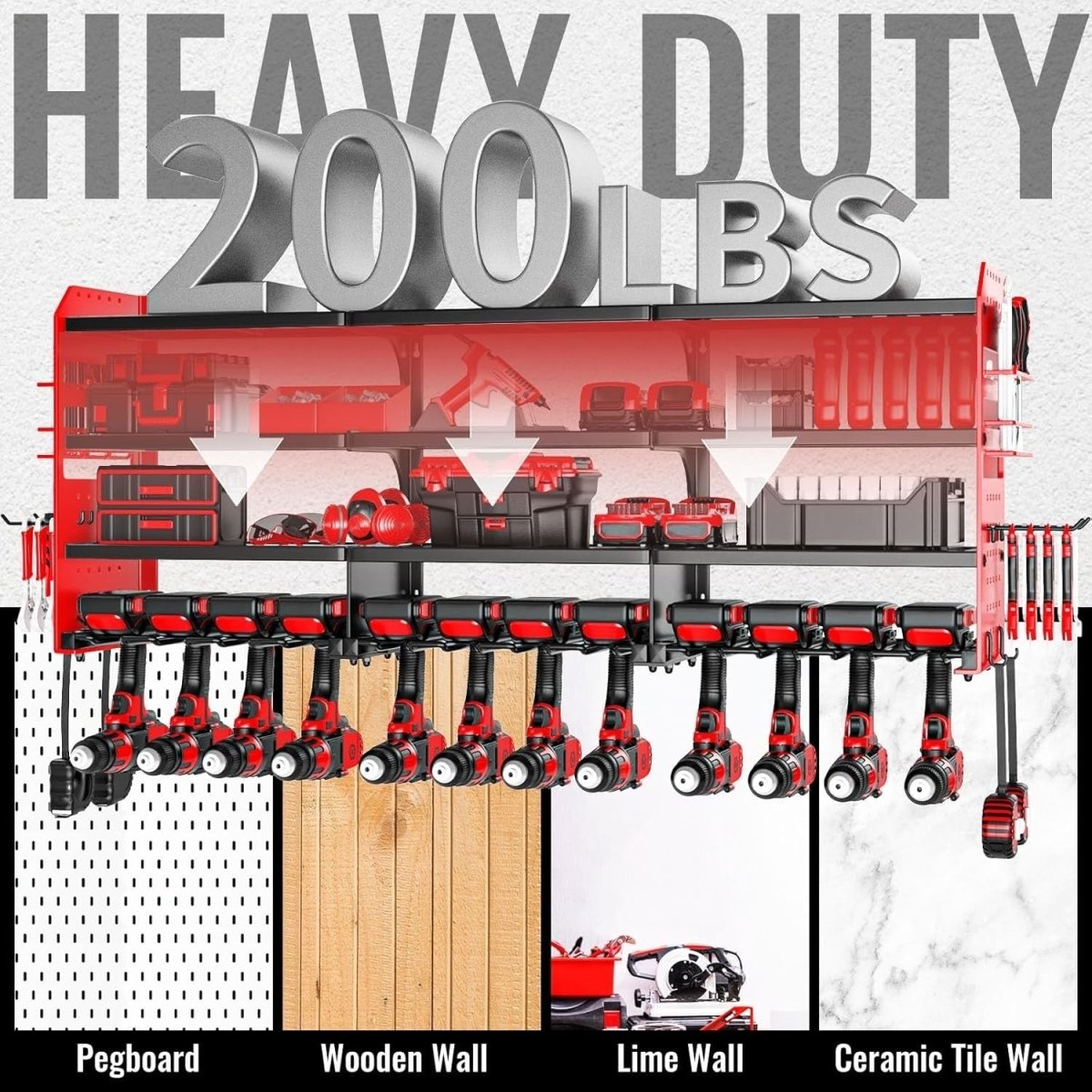Wall - Mounted Power Tool Rack 4 - Tier 12 Drill Adjustable Compartment Red - Kwikley