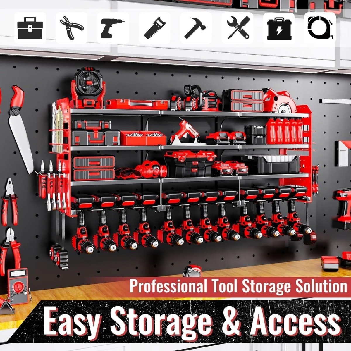 Wall - Mounted Power Tool Rack 4 - Tier 12 Drill Adjustable Compartment Red - Kwikley