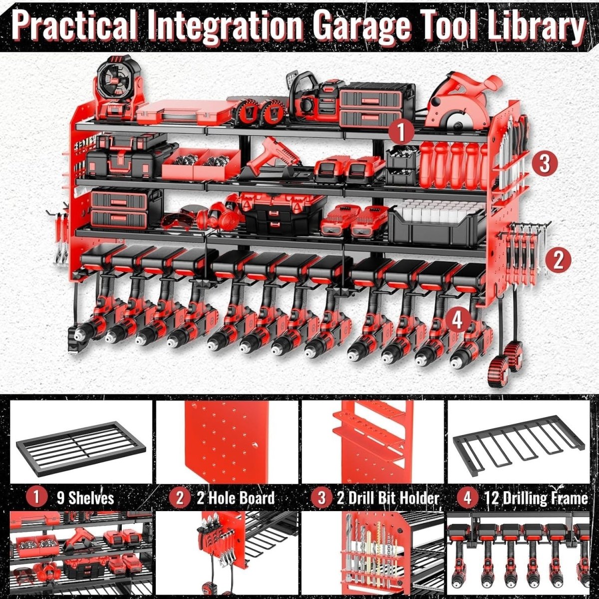Wall - Mounted Power Tool Rack 4 - Tier 12 Drill Adjustable Compartment Red - Kwikley