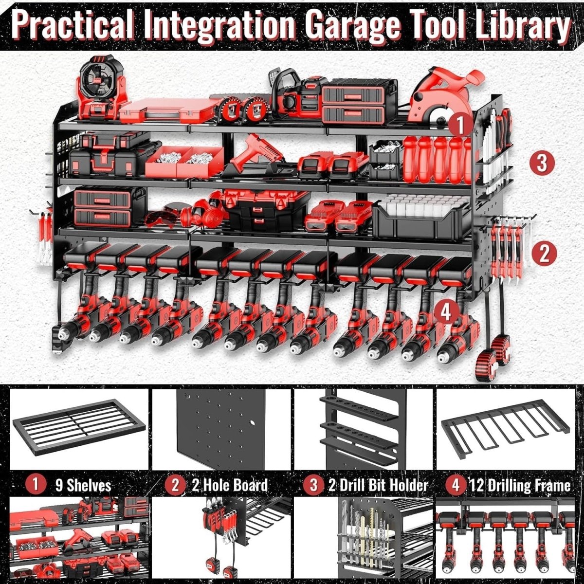 Wall - Mounted Power Tool Rack 4 - Tier 12 Drill Screwdriver Plier Holder - Kwikley