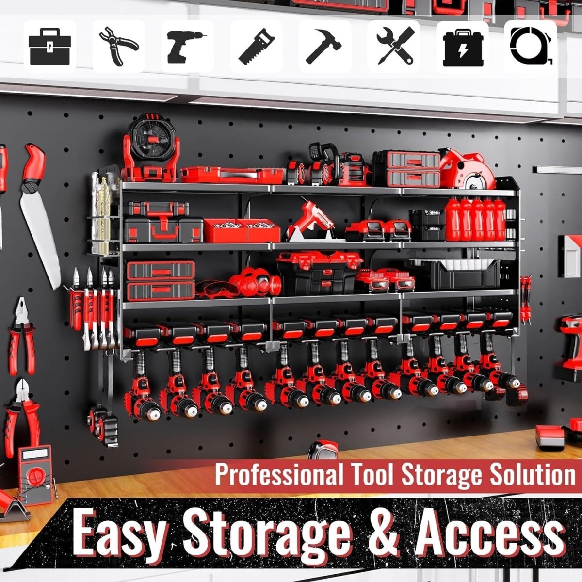 Wall - Mounted Power Tool Rack 4 - Tier 12 Drill Screwdriver Plier Holder - Kwikley