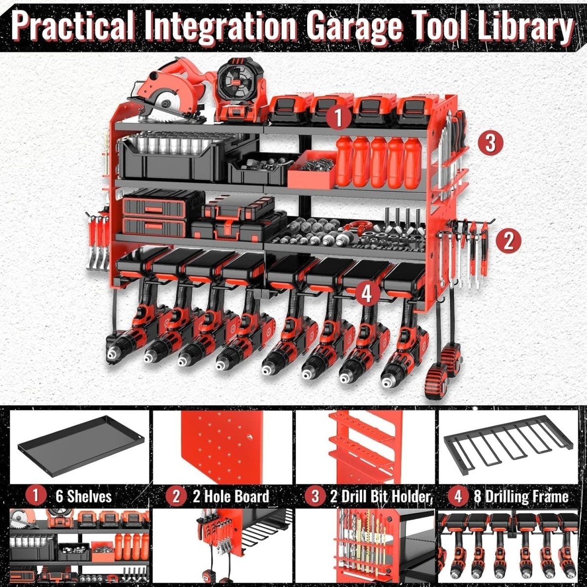 Wall - Mounted Power Tool Rack 4 - Tier 8 Drill Screwdriver Holder Red - Kwikley