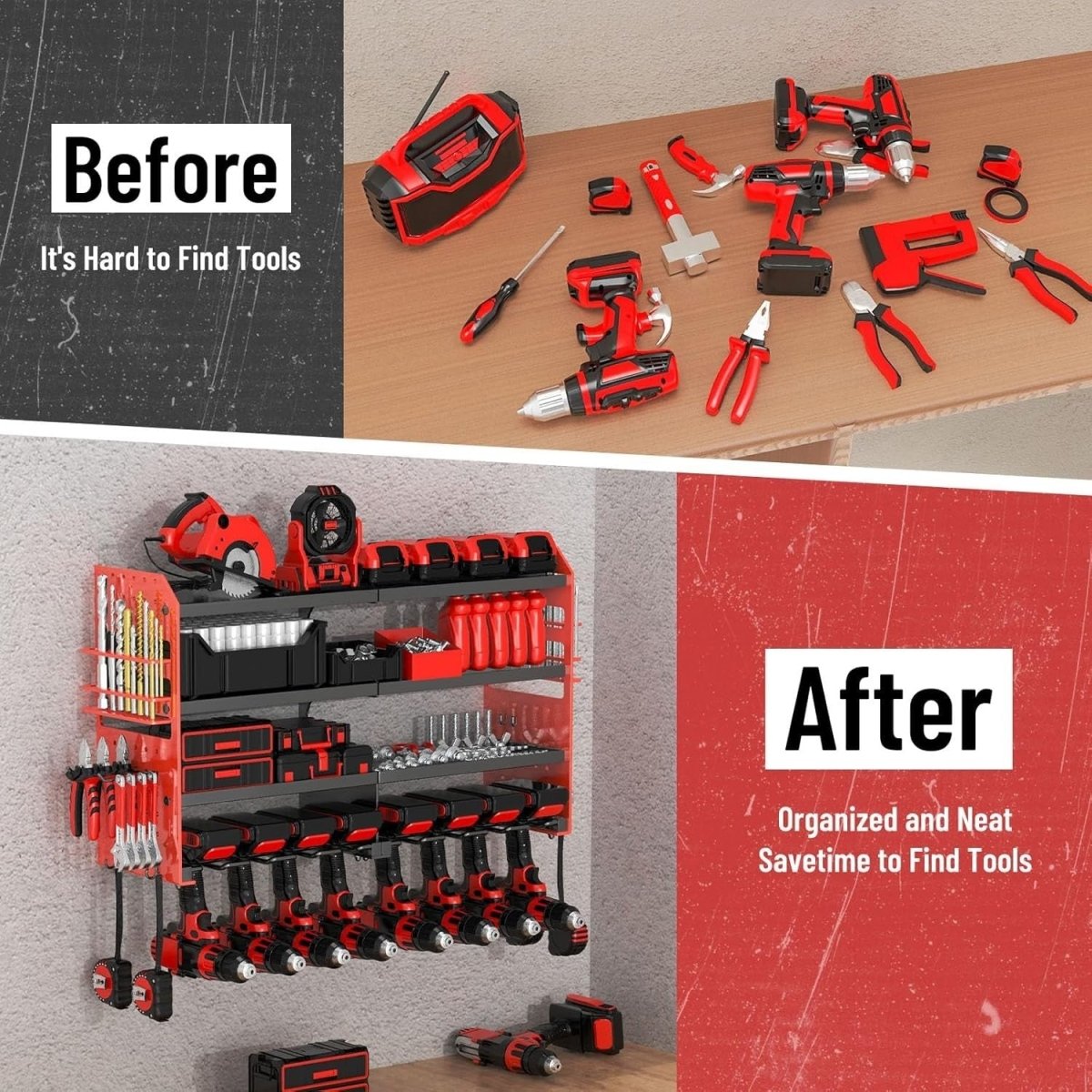 Wall - Mounted Power Tool Rack 4 - Tier 8 Drill Screwdriver Holder Red - Kwikley