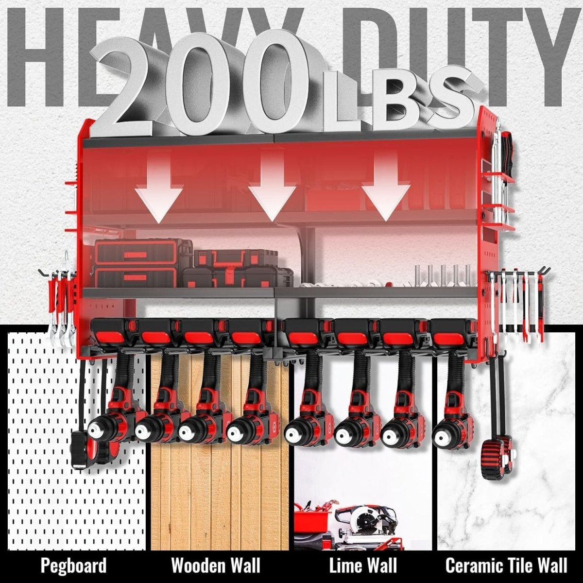Wall - Mounted Power Tool Rack 4 - Tier 8 Drill Screwdriver Holder Red - Kwikley