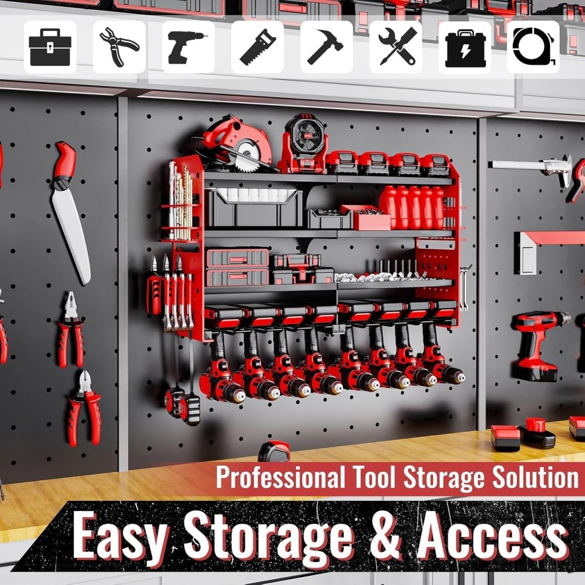 Wall - Mounted Power Tool Rack 4 - Tier 8 Drill Screwdriver Holder Red - Kwikley