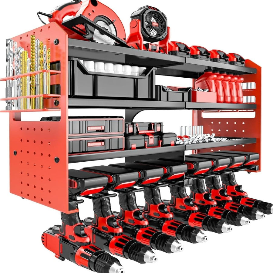 Wall - Mounted Power Tool Rack 4 - Tier 8 Drill Screwdriver Holder Red - Kwikley
