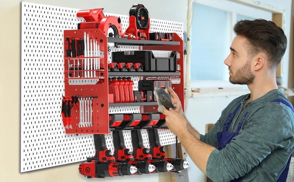 Wall - Mounted Power Tool Rack 4 - Tier Screwdriver & Plier Holder Red - Kwikley