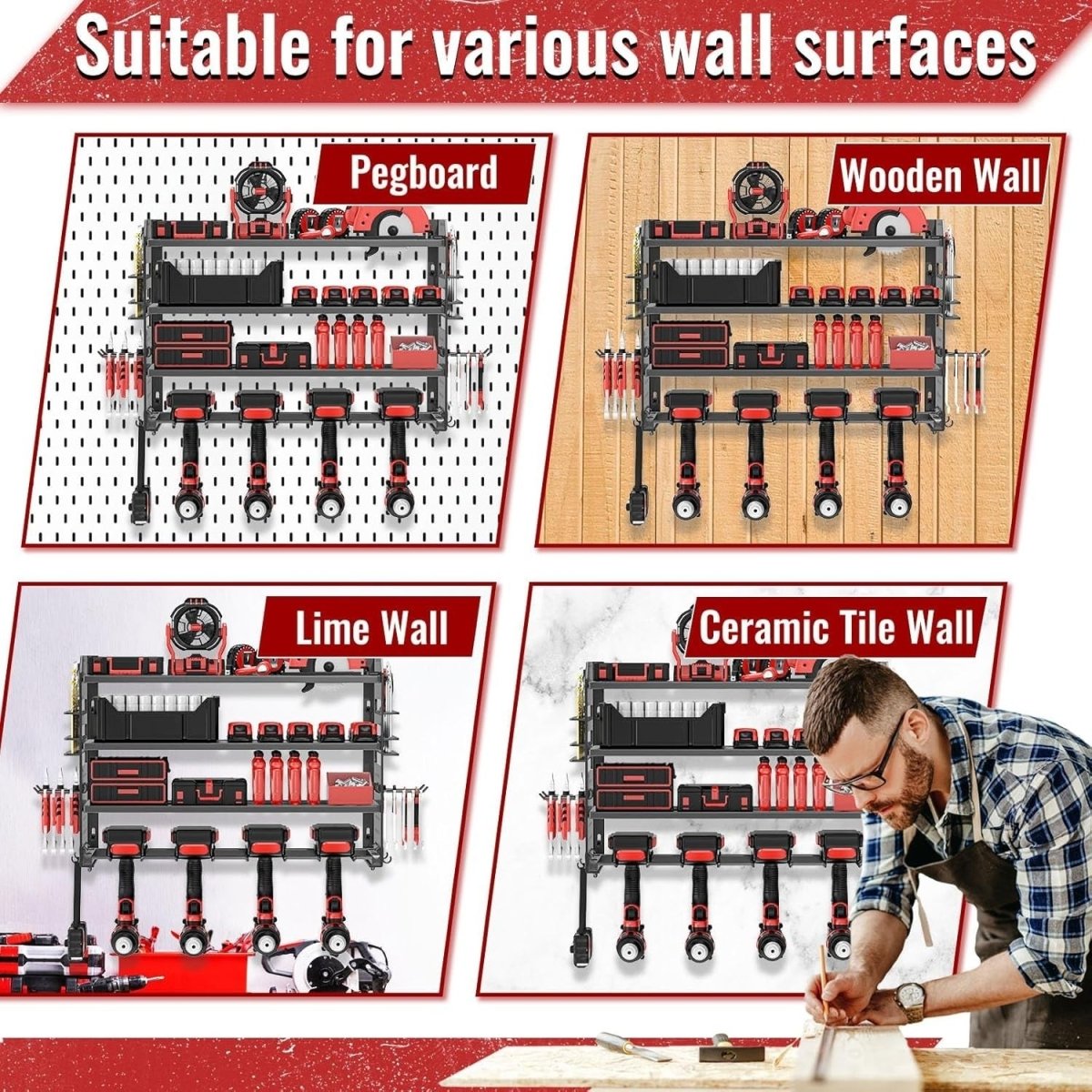 Wall - Mounted Power Tool Rack 4 - Tier Screwdriver & Plier Holder Red - Kwikley