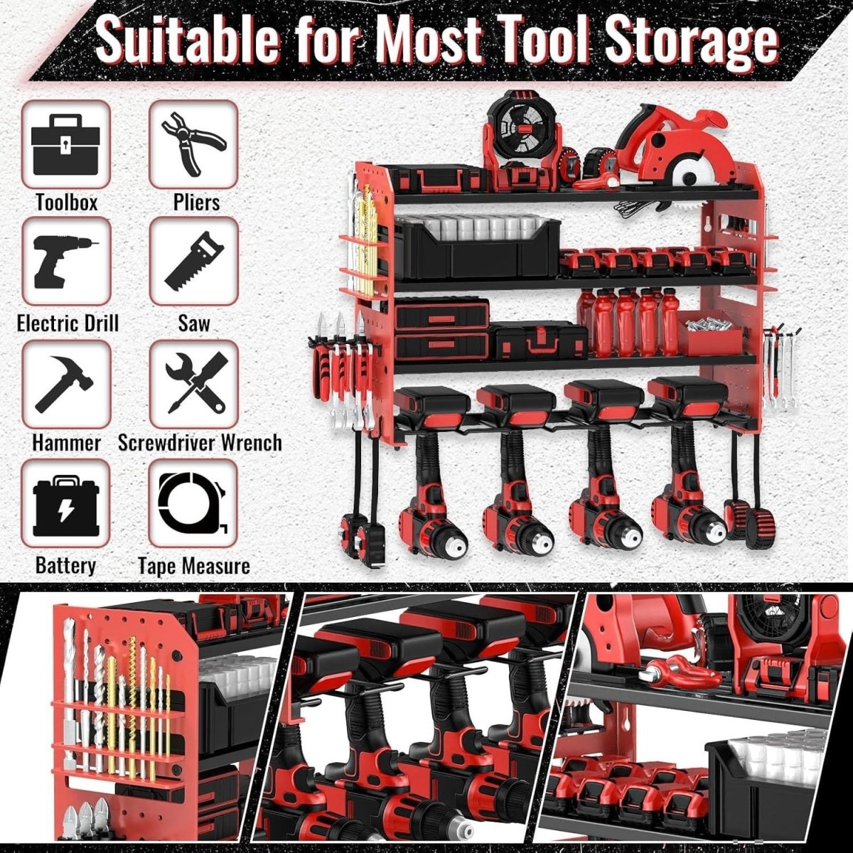 Wall - Mounted Power Tool Rack 4 - Tier Screwdriver & Plier Holder Red - Kwikley