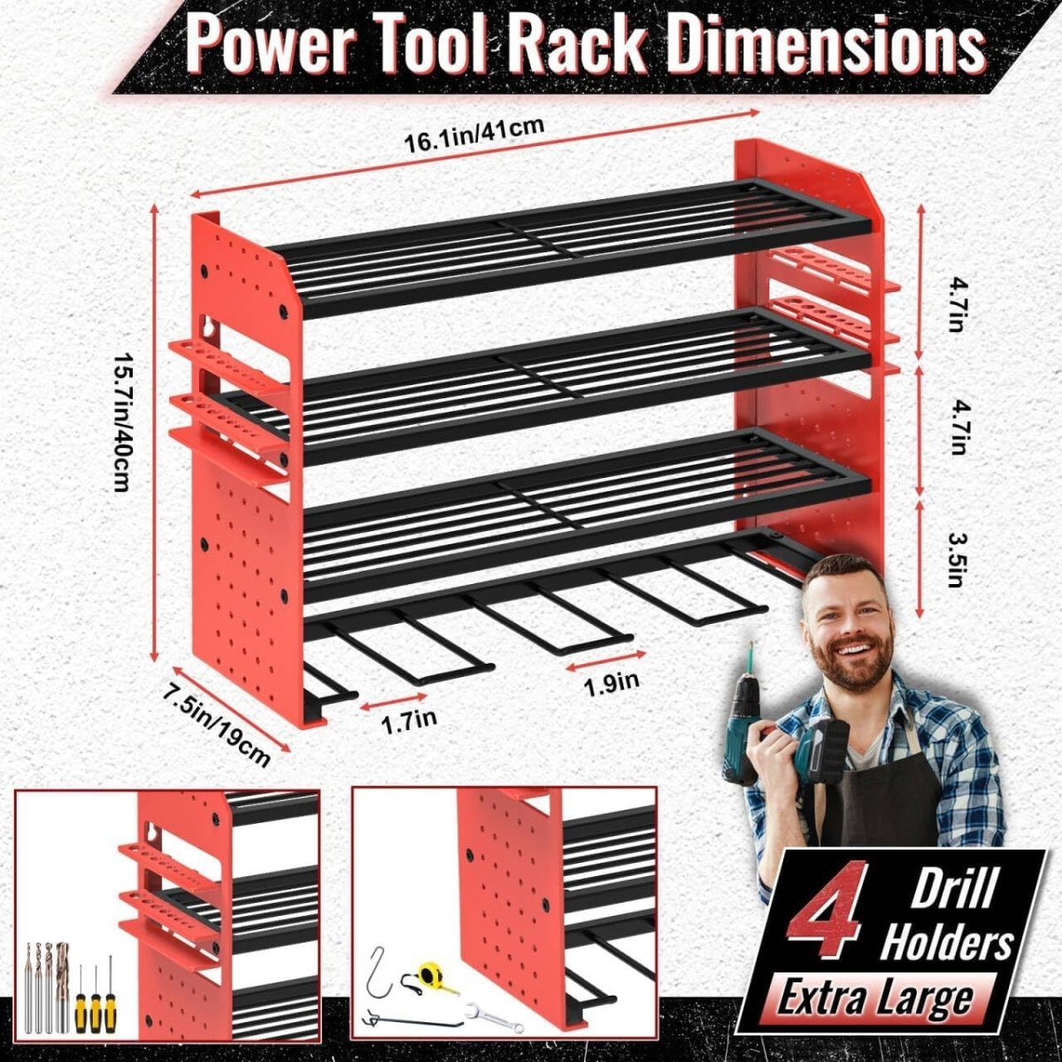 Wall - Mounted Power Tool Rack 4 - Tier Screwdriver & Plier Holder Red - Kwikley