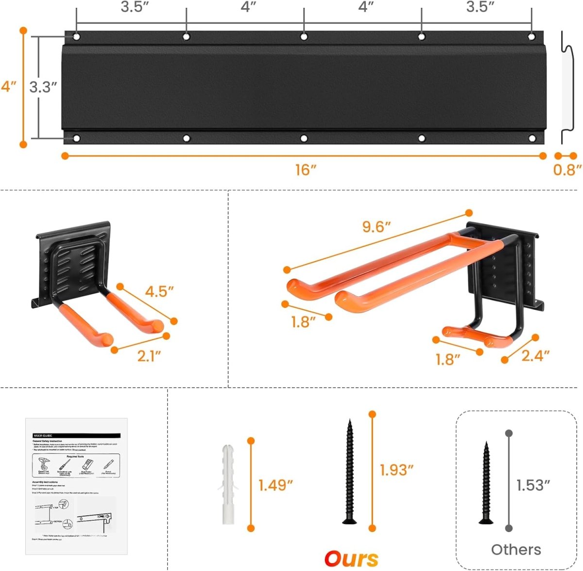 Wall Mounted Tool Organizer Rack 48 Inch Heavy Duty Hooks - Kwikley