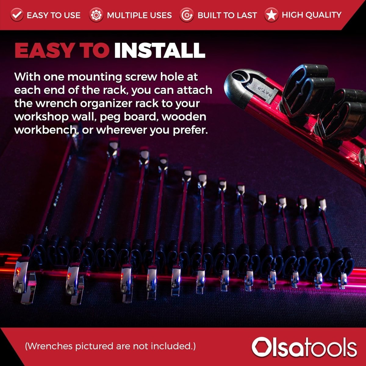 Wall Mounted Wrench Rack 14 Clip Aluminum Tool Organizer - Kwikley
