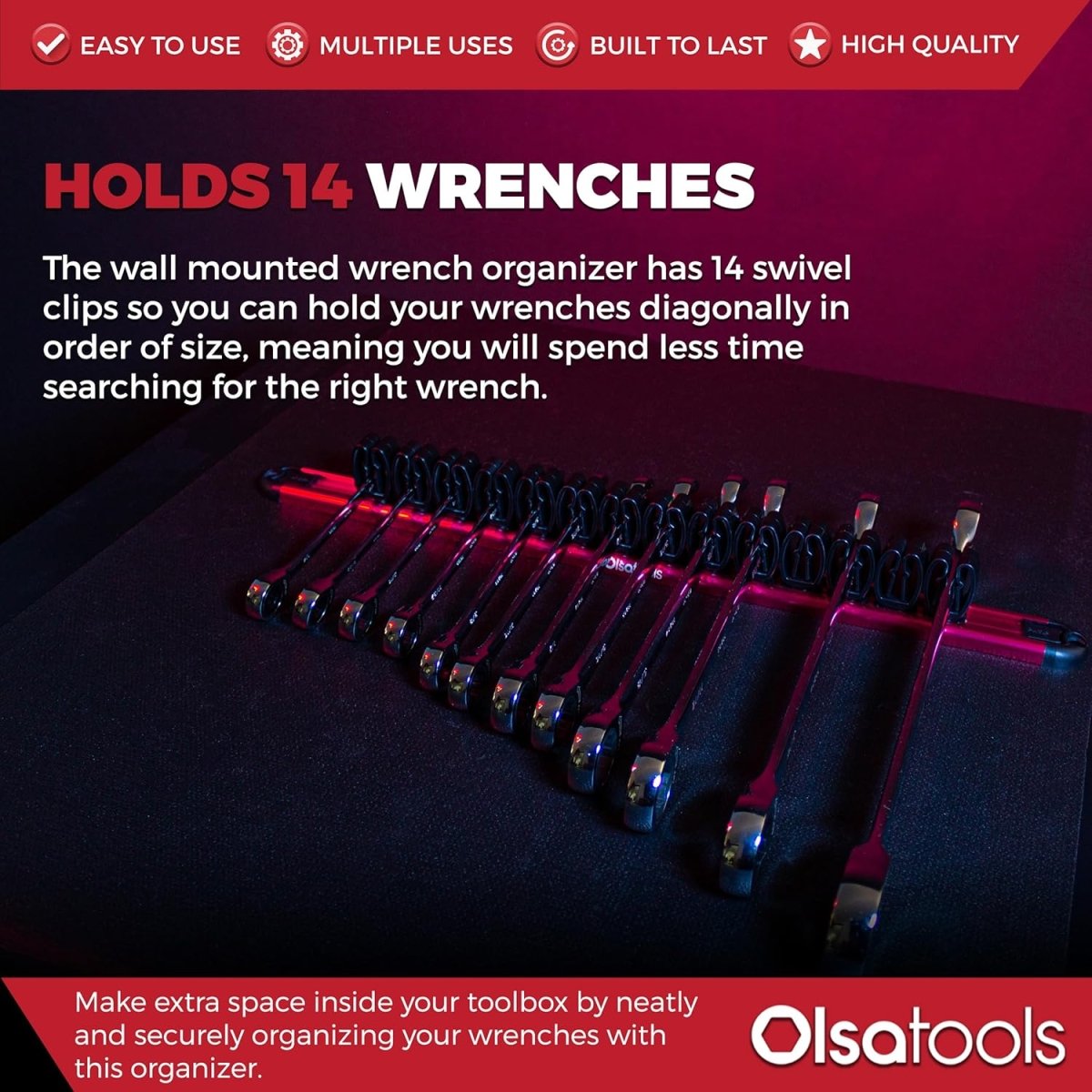 Wall Mounted Wrench Rack 14 Clip Aluminum Tool Organizer - Kwikley