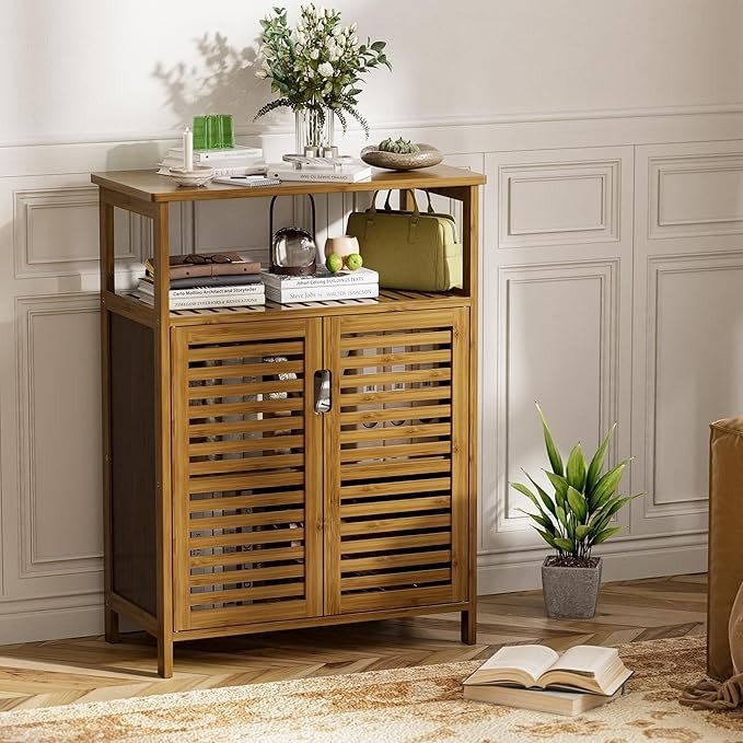 Walnut Bamboo Bathroom Cabinet with 2 Shutter Doors & Open Shelves 60x30x80cm - Kwikley