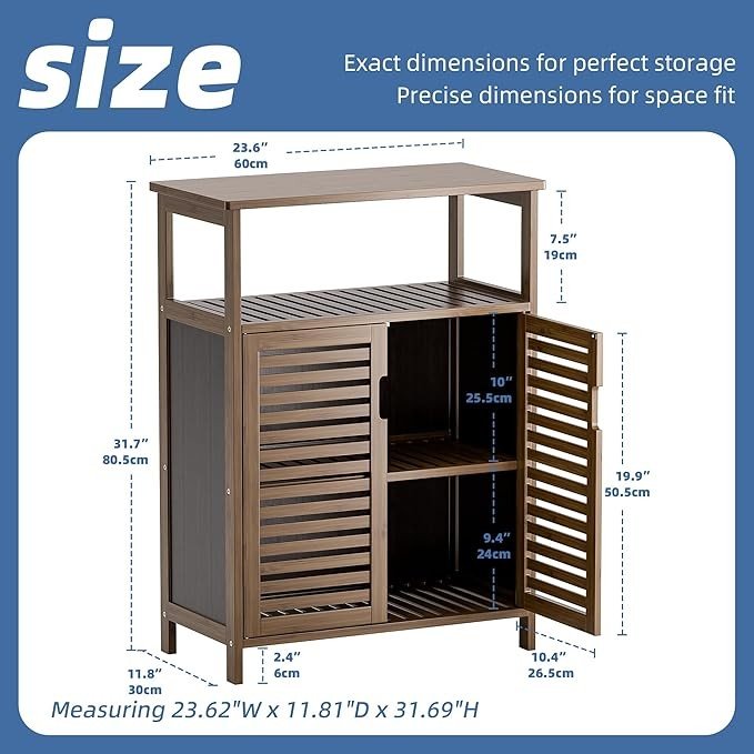 Walnut Bamboo Bathroom Cabinet with 2 Shutter Doors & Open Shelves 60x30x80cm - Kwikley