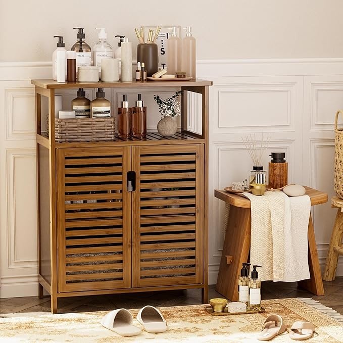 Walnut Bamboo Bathroom Cabinet with 2 Shutter Doors & Open Shelves 60x30x80cm - Kwikley