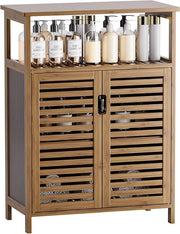 Walnut Bamboo Bathroom Cabinet with 2 Shutter Doors & Open Shelves 60x30x80cm - Kwikley