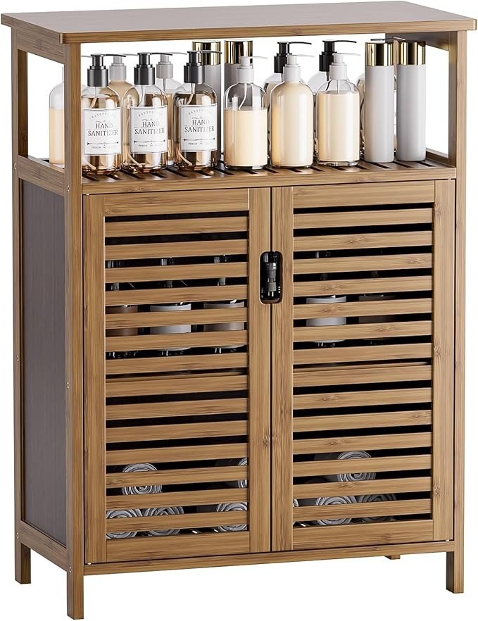 Walnut Bamboo Bathroom Cabinet with 2 Shutter Doors & Open Shelves 60x30x80cm - Kwikley