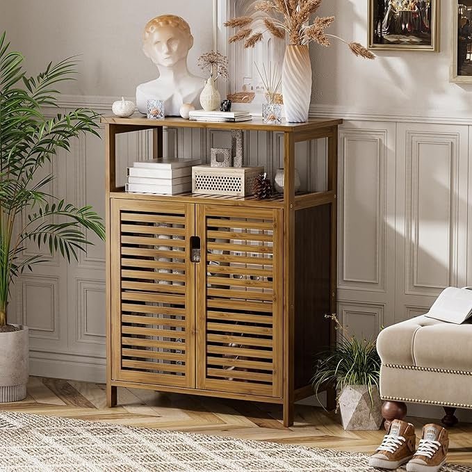 Walnut Bamboo Bathroom Cabinet with 2 Shutter Doors & Open Shelves 60x30x80cm - Kwikley