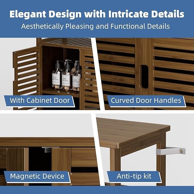Walnut Bamboo Bathroom Cabinet with 2 Shutter Doors & Open Shelves 60x30x80cm - Kwikley