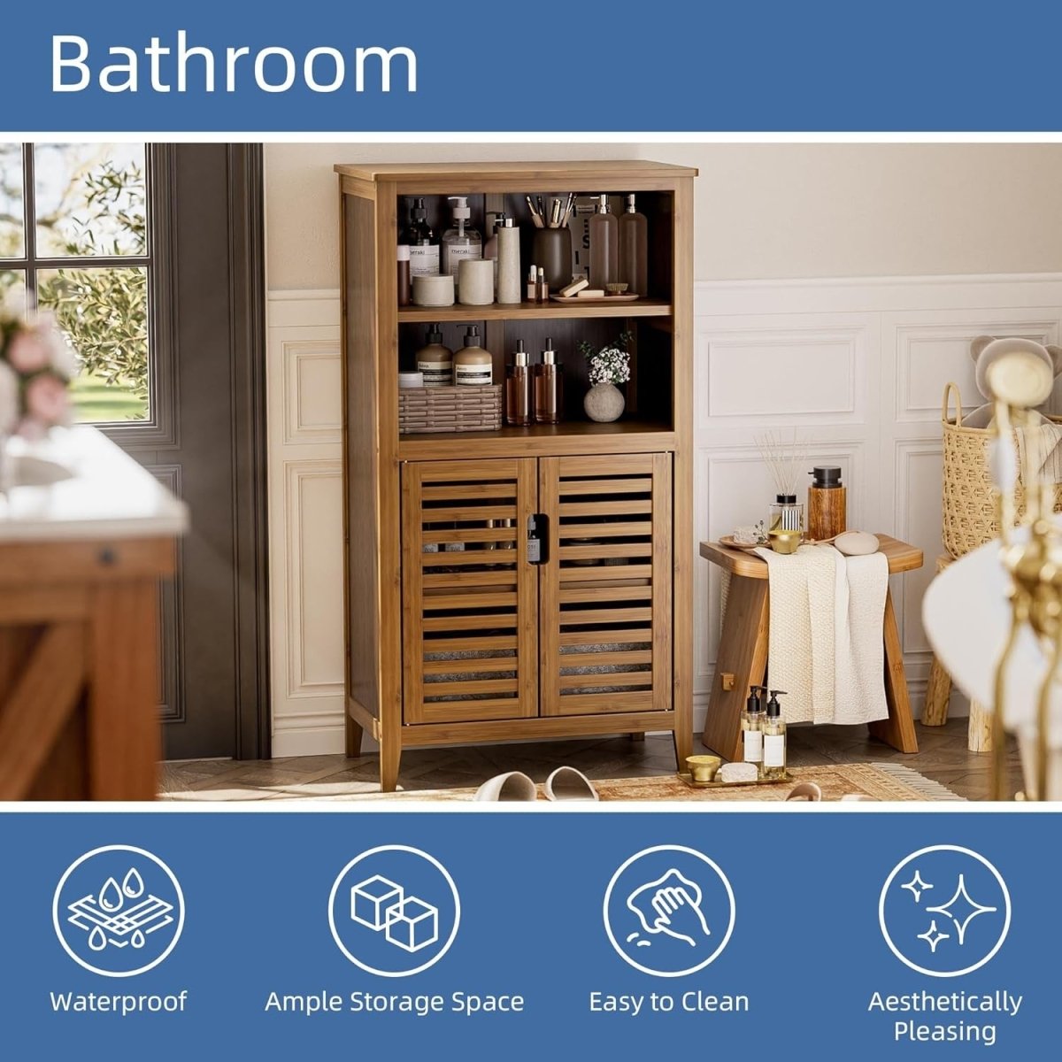 Walnut Bamboo Storage Cabinet with Shutter Doors Adjustable Shelves - Kwikley
