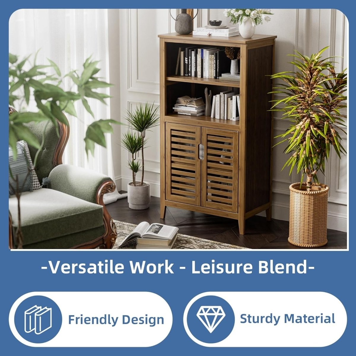 Walnut Bamboo Storage Cabinet with Shutter Doors Adjustable Shelves - Kwikley