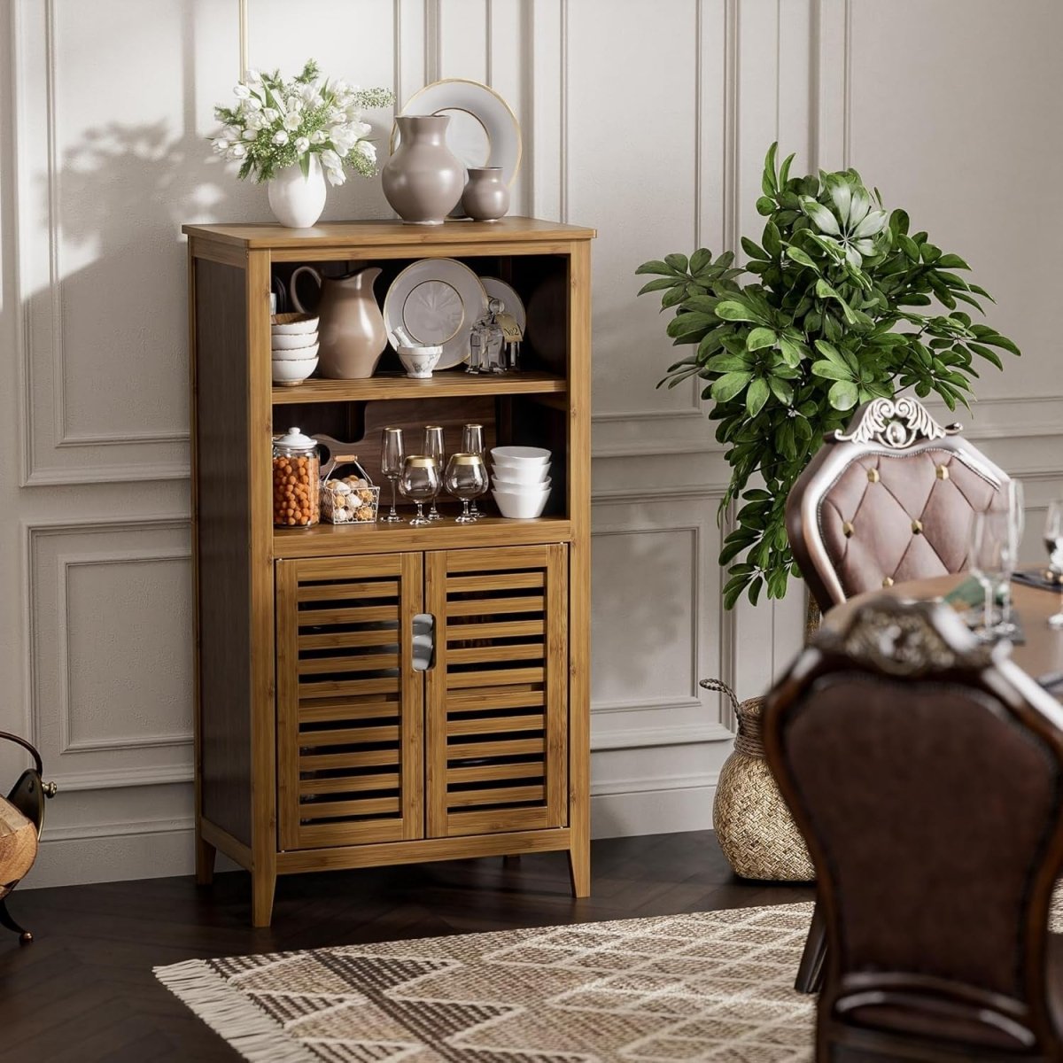 Walnut Bamboo Storage Cabinet with Shutter Doors Adjustable Shelves - Kwikley