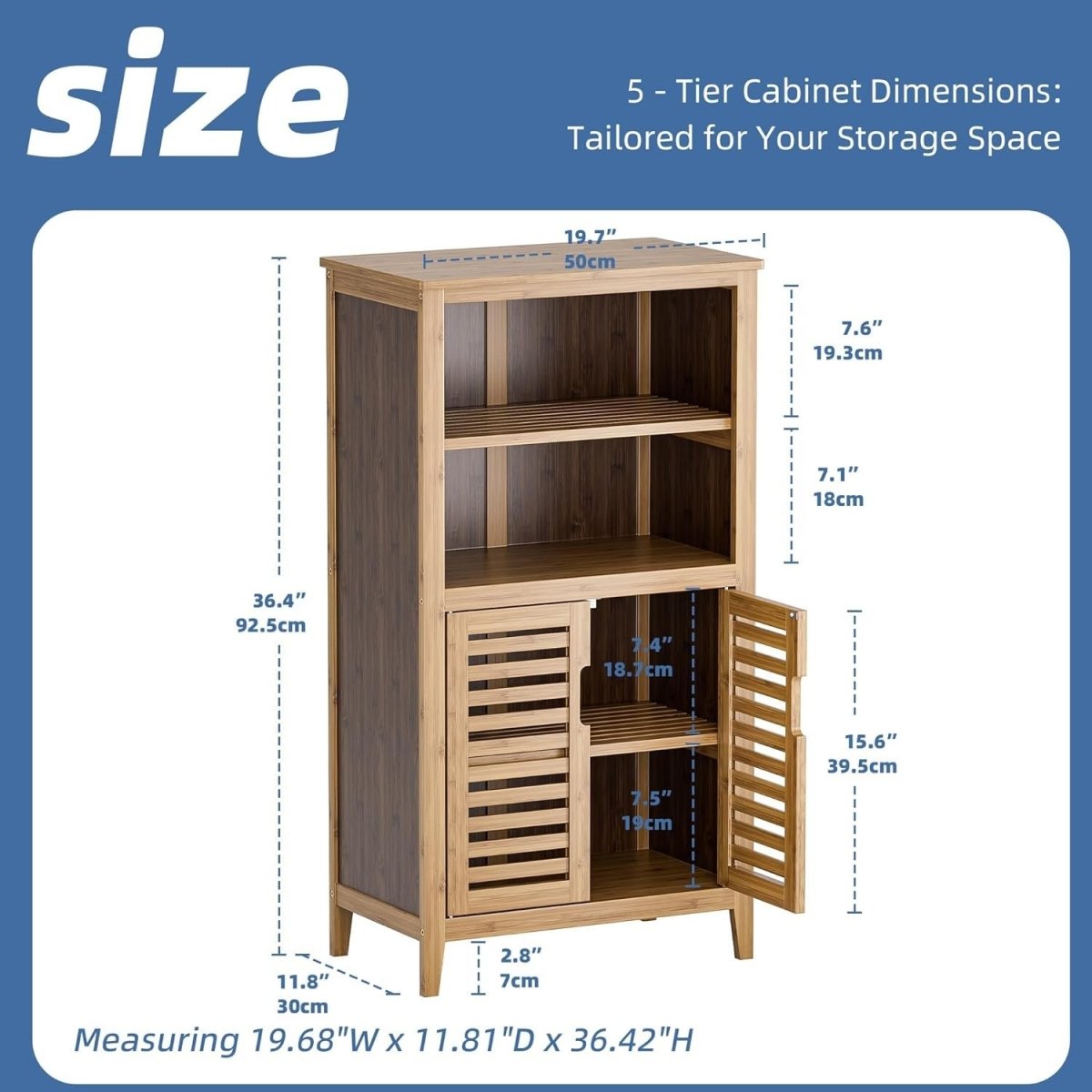 Walnut Bamboo Storage Cabinet with Shutter Doors Adjustable Shelves - Kwikley