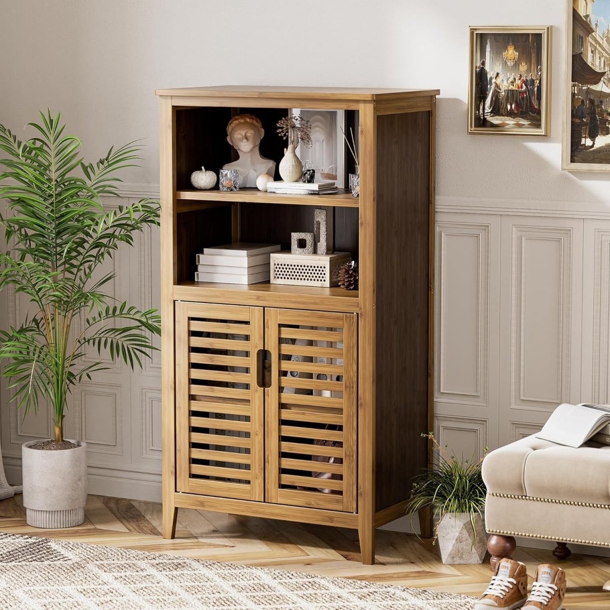 Walnut Bamboo Storage Cabinet with Shutter Doors Adjustable Shelves - Kwikley