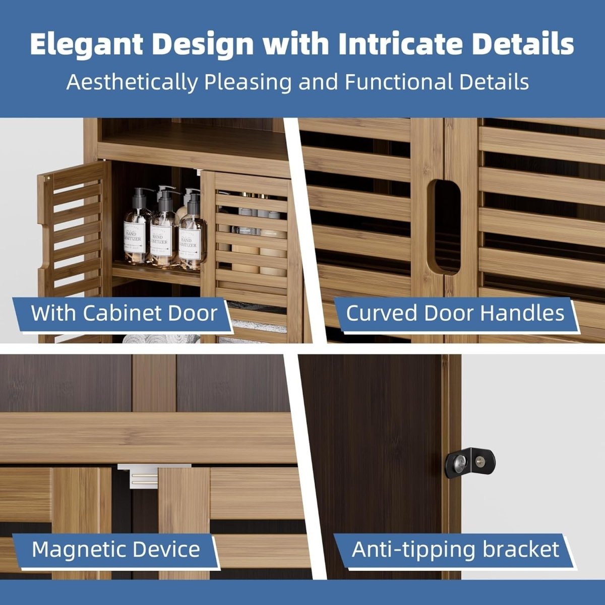 Walnut Bamboo Storage Cabinet with Shutter Doors Adjustable Shelves - Kwikley
