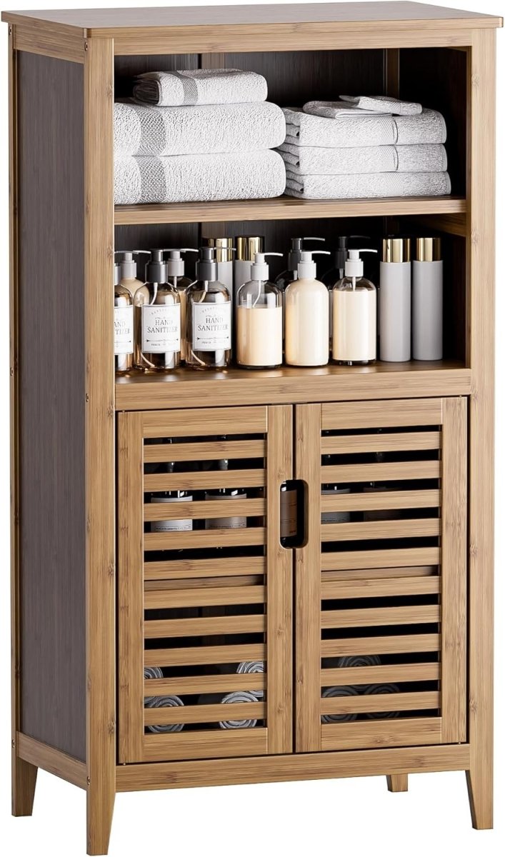 Walnut Bamboo Storage Cabinet with Shutter Doors Adjustable Shelves - Kwikley