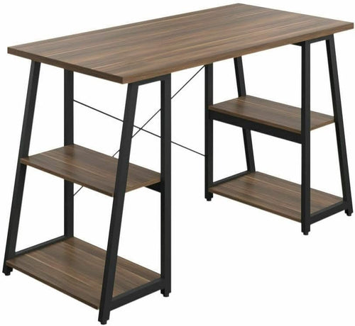 Walnut Home Office Desk 120cm with Shelves & Black Metal Trestle Legs - Kwikley
