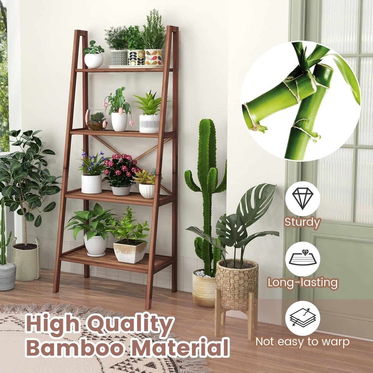 Walnut Ladder Shelf 4 - Tier Freestanding Storage Rack Plant Stand 60×35×148cm - Kwikley