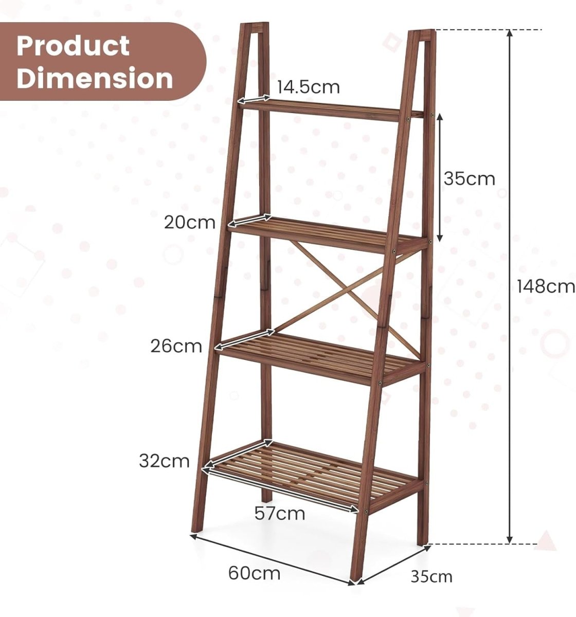 Walnut Ladder Shelf 4 - Tier Freestanding Storage Rack Plant Stand 60×35×148cm - Kwikley