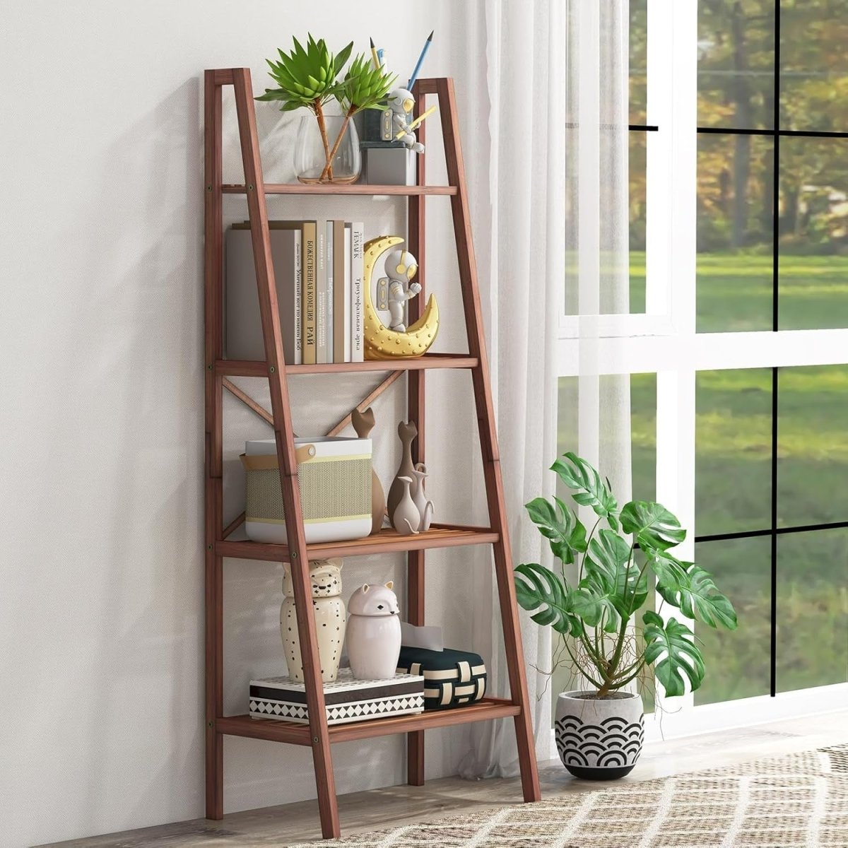 Walnut Ladder Shelf 4 - Tier Freestanding Storage Rack Plant Stand 60×35×148cm - Kwikley
