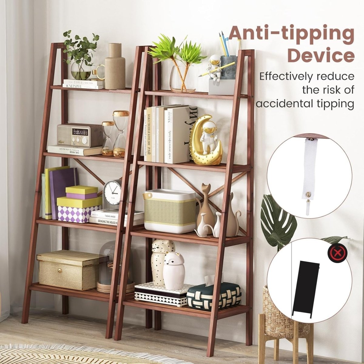 Walnut Ladder Shelf 4 - Tier Freestanding Storage Rack Plant Stand 60×35×148cm - Kwikley