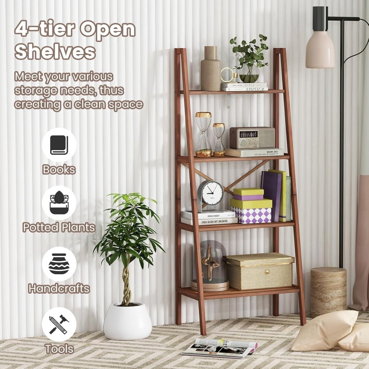 Walnut Ladder Shelf 4 - Tier Freestanding Storage Rack Plant Stand 60×35×148cm - Kwikley