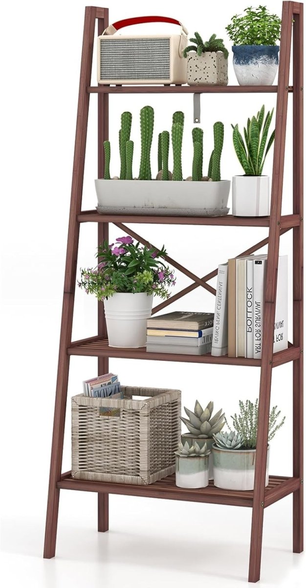 Walnut Ladder Shelf 4 - Tier Freestanding Storage Rack Plant Stand 60×35×148cm - Kwikley
