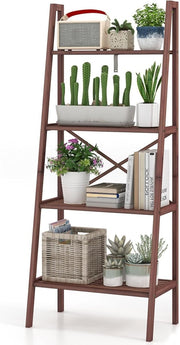 Walnut Ladder Shelf 4 - Tier Freestanding Storage Rack Plant Stand 60×35×148cm - Kwikley