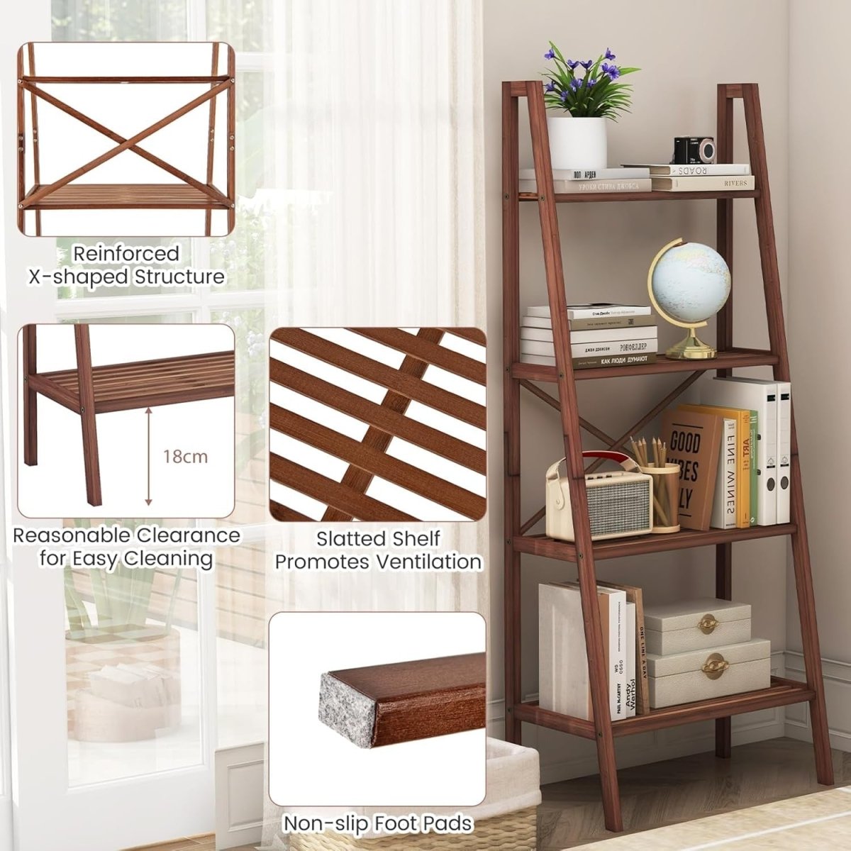 Walnut Ladder Shelf 4 - Tier Freestanding Storage Rack Plant Stand 60×35×148cm - Kwikley